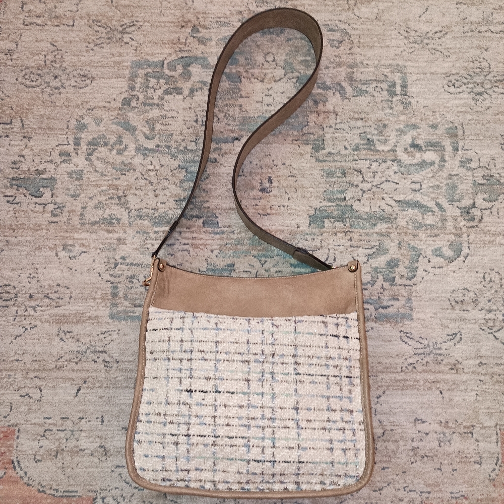 Jen&Co. Tan vegan leather and blue cream tweed Shoulder  bag